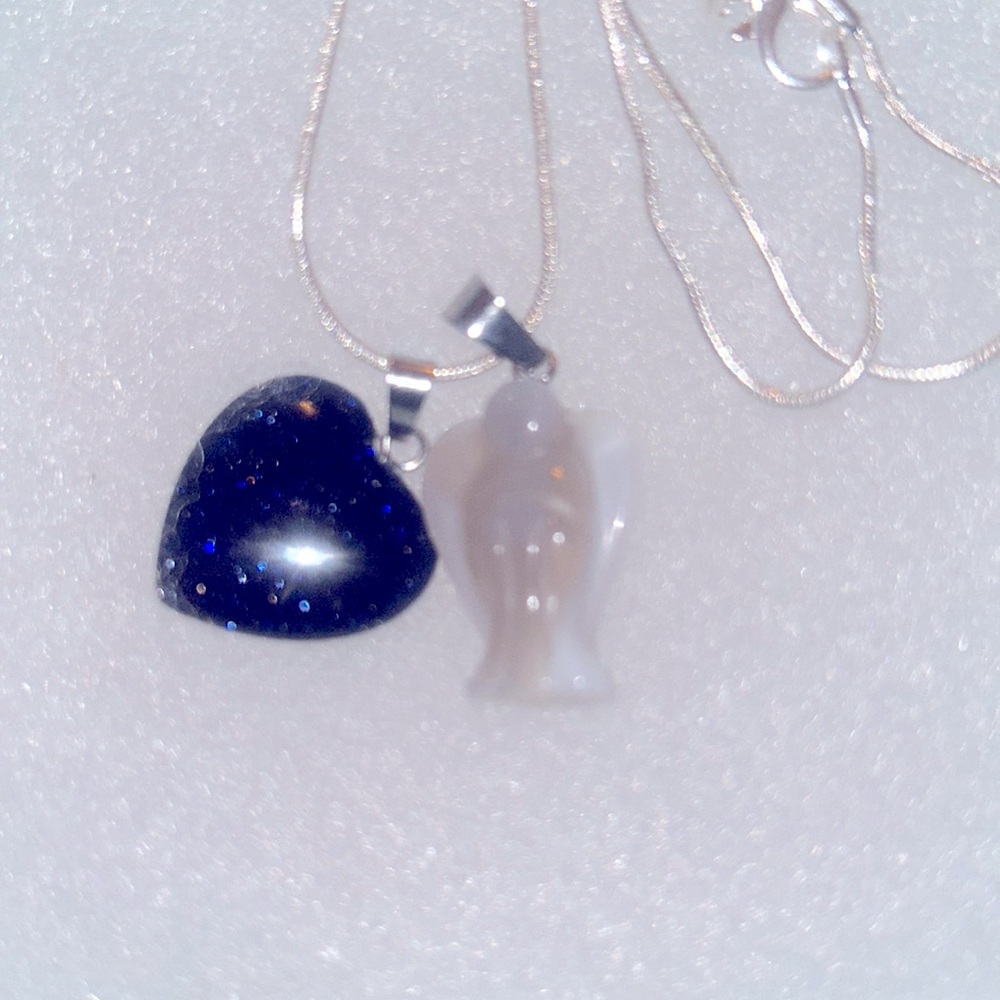 Boho Agate Crystal Angel and Blue Goldstone Heart Sterling Silver Necklace 16”